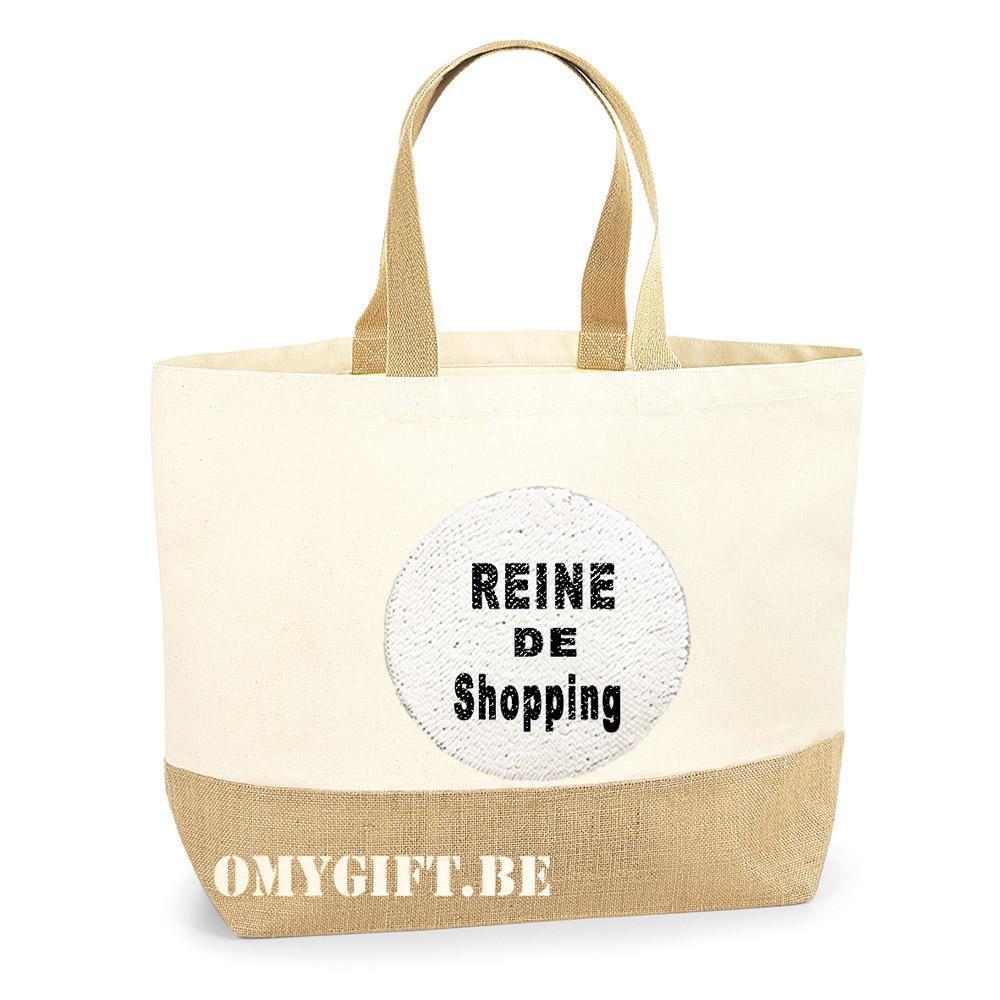 Sac Shopping Tote Bag Pailleté Réversible – Chanvre Et Sequins Or – Personnalisable Prénom – Référence 06 – Neuf