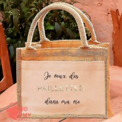 Sac de jute avec texte en paillettes