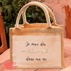 Sac de jute avec texte en paillettes