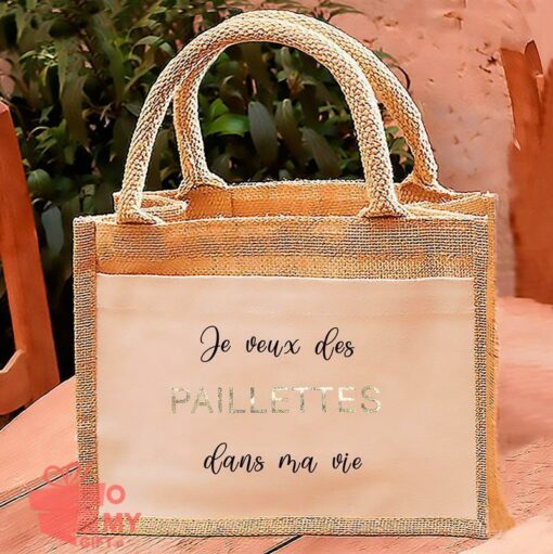 Sac de jute avec texte en paillettes